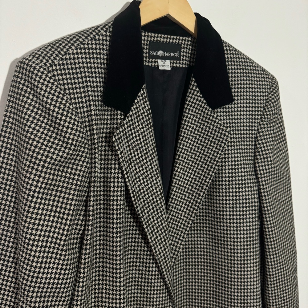 Sag Harbor Wool Blend Houndstooth Print Blazer Velvet Collar Black/White Size 14 - Picture 2 of 10
